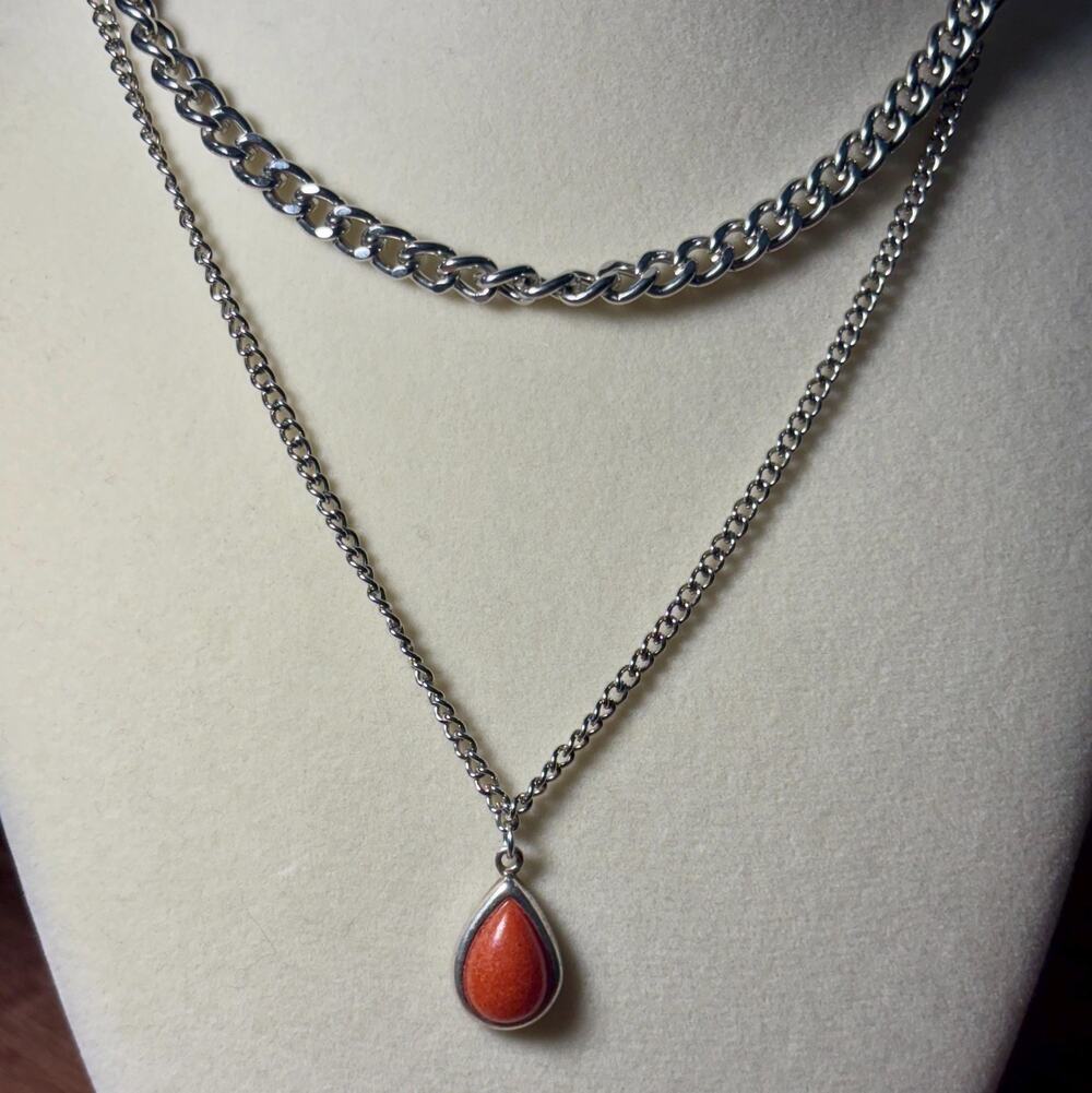 Layered Orange Teardrop Pendant Necklace on Silver Chain